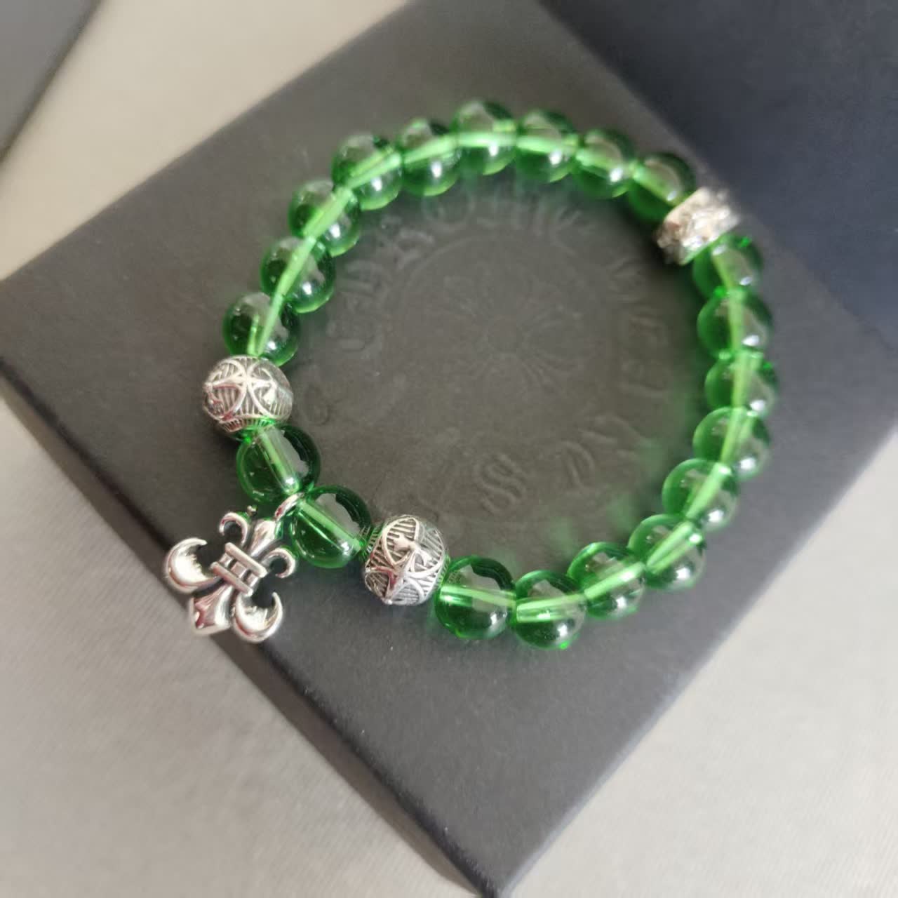 Chrome Hearts Green Beaded Bracelet with Fleur-de-Lis Charm